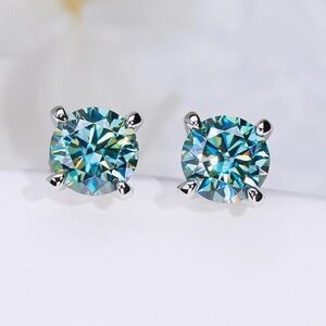 Genuine ~ Certified 2 Carat Cyan Blue Diamond 18k White Gold Stud Earrings